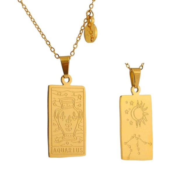 Jewelry - NEW 18K Gold Plated Aquarius Sign Zodiac Tarot Card Square Pendant Ne…